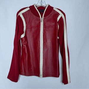 Maurice Sasson Red Genuine Leather Front Ribbed Cotton Sweater Jacket Vintage